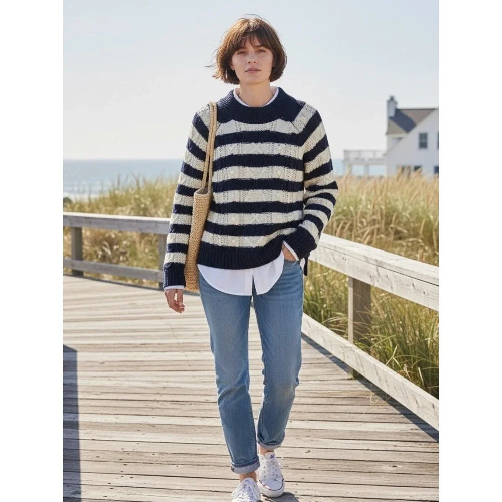 J. Crew Striped Pom Pom Cable-Knit Crewneck Sweater M
